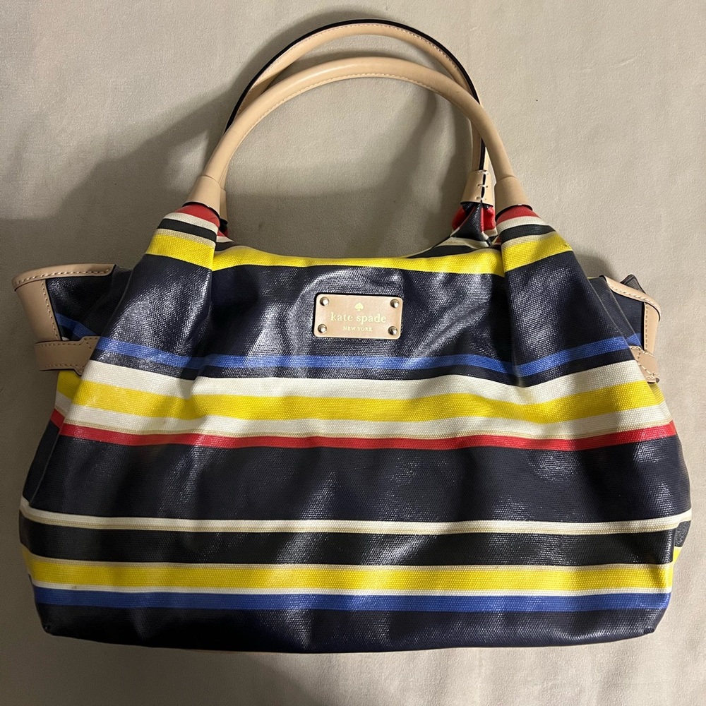 🎀 Kate Spade New York Striped Satchel Tote Bag – Multicolor Canvas with Leather